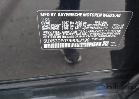 2024 BMW X3 xDrive30I из США, поврежденный, VIN 5UX53DP07R9U63190